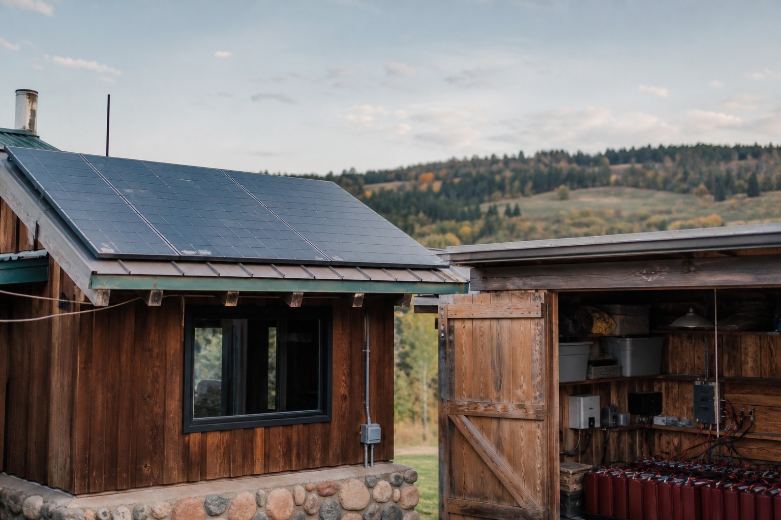 DIY solar panel setup on a rural homestead roof with battery bank visible in adjacent shed