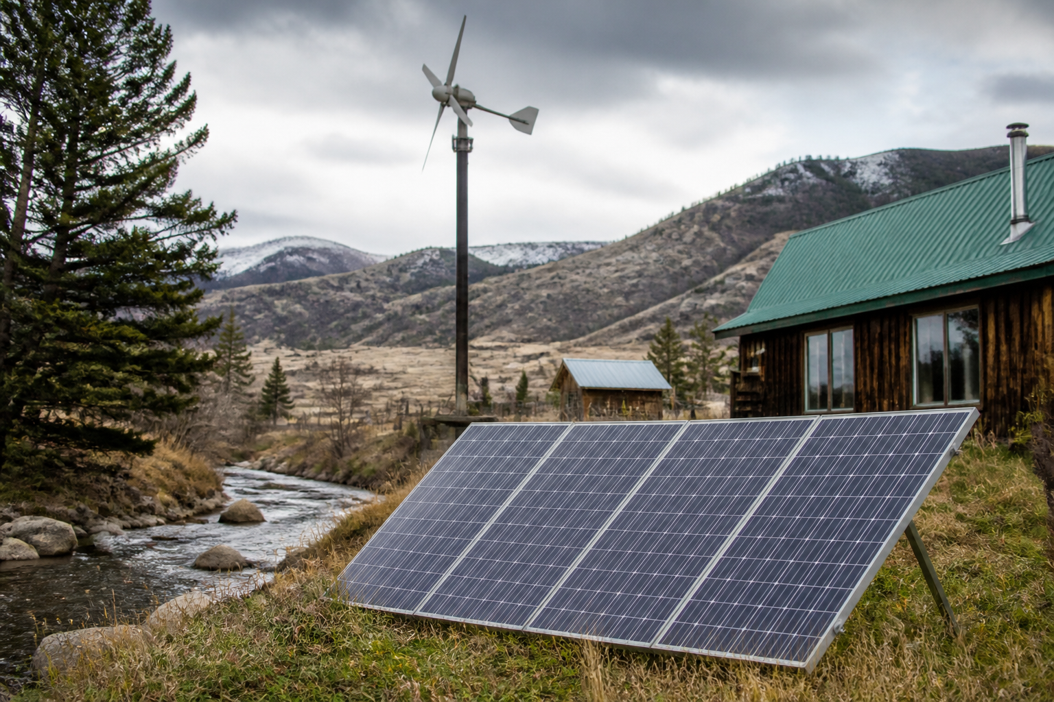 A rural homestead with a small wind turbine and a stream in the background, representing multiple DIY off-grid power generation options