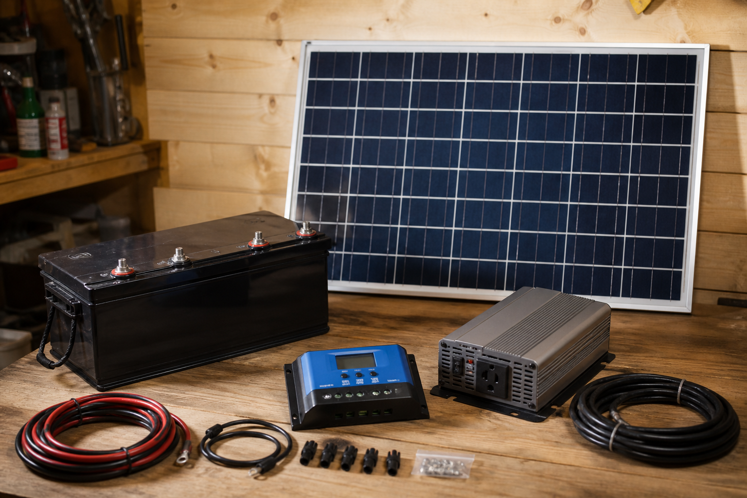 DIY off-grid power system components — solar panels, charge controller, battery bank, and inverter laid out in a workshop before assembly