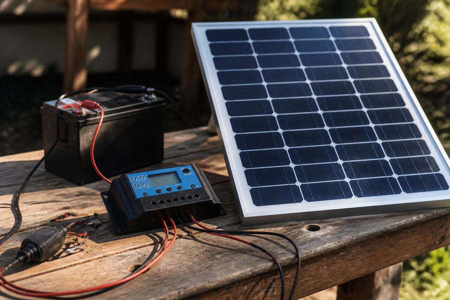 Beginner DIY solar panel setup on a wooden workbench with charge controller, battery, and small portable panel outdoors in sunlight