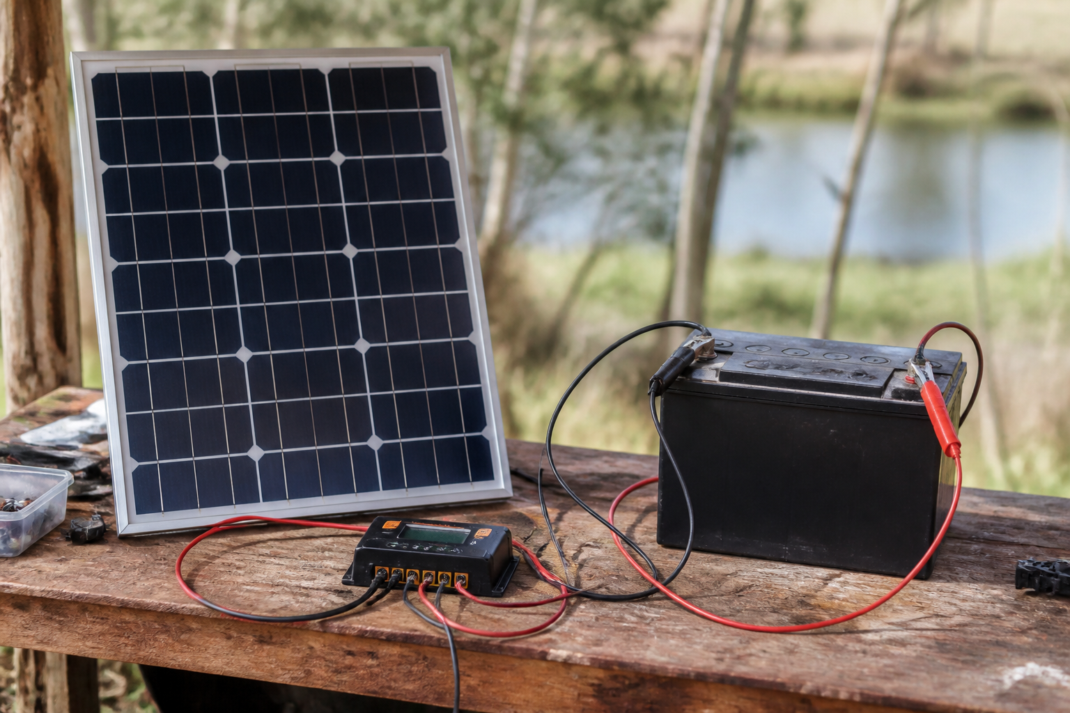 A beginner DIY solar setup with a single panel, charge controller, and battery bank on a wooden workbench outdoors