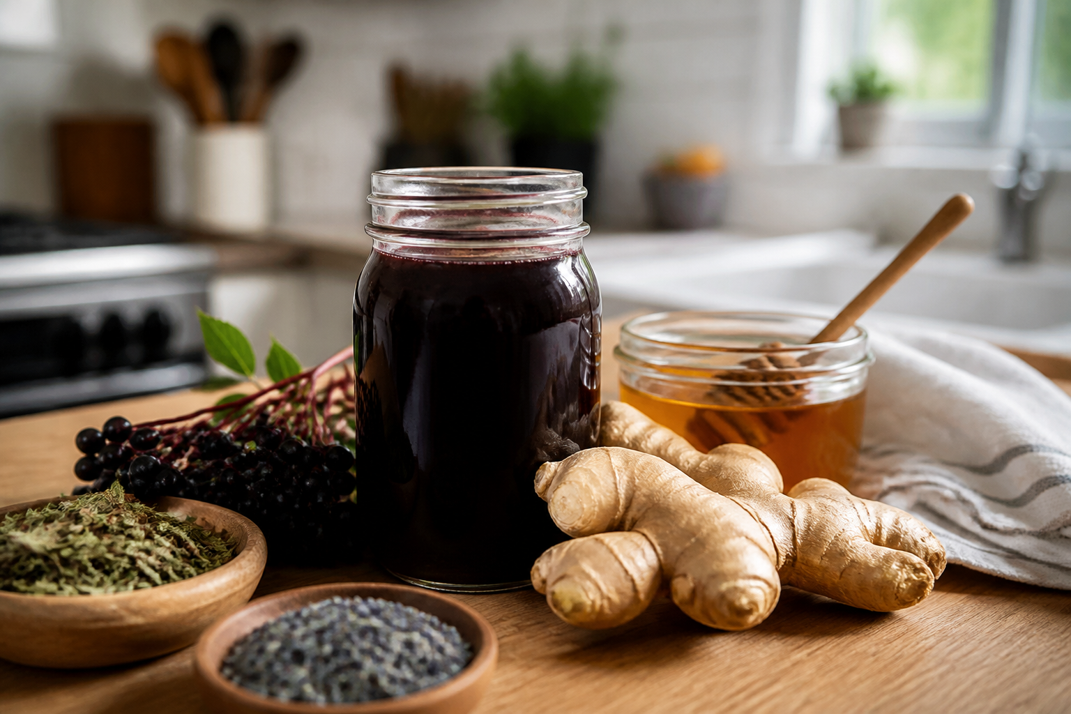 Homemade elderberry syrup in a glass jar next to fresh ginger root, raw honey, and dried herbs on a wooden kitchen counter