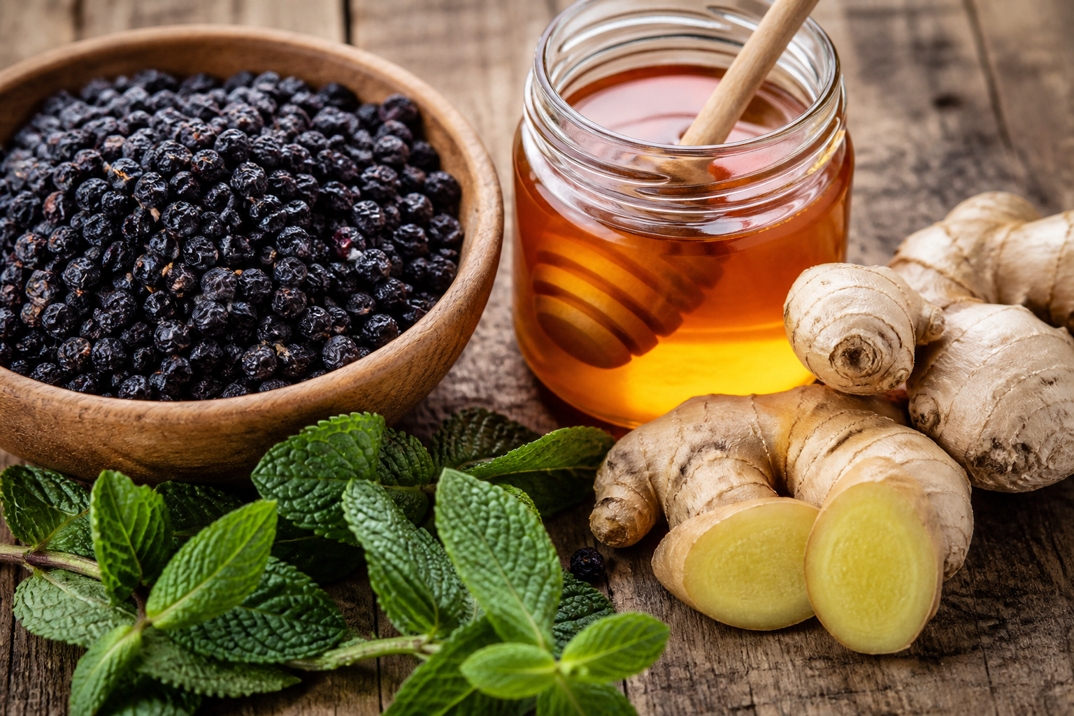 Dried elderberries, fresh ginger root, raw honey, and peppermint leaves arranged on a wooden surface as herbal cold and flu remedies