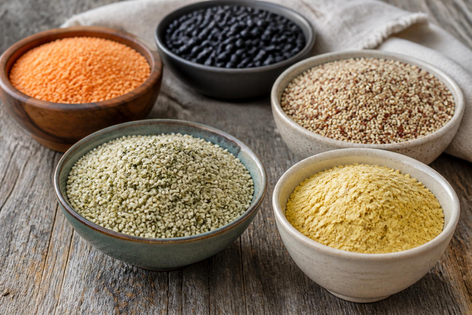 Assortment of shelf-stable plant-based protein sources including dried lentils, black beans, quinoa, hemp seeds, and nutritional yeast arranged on a wooden surface