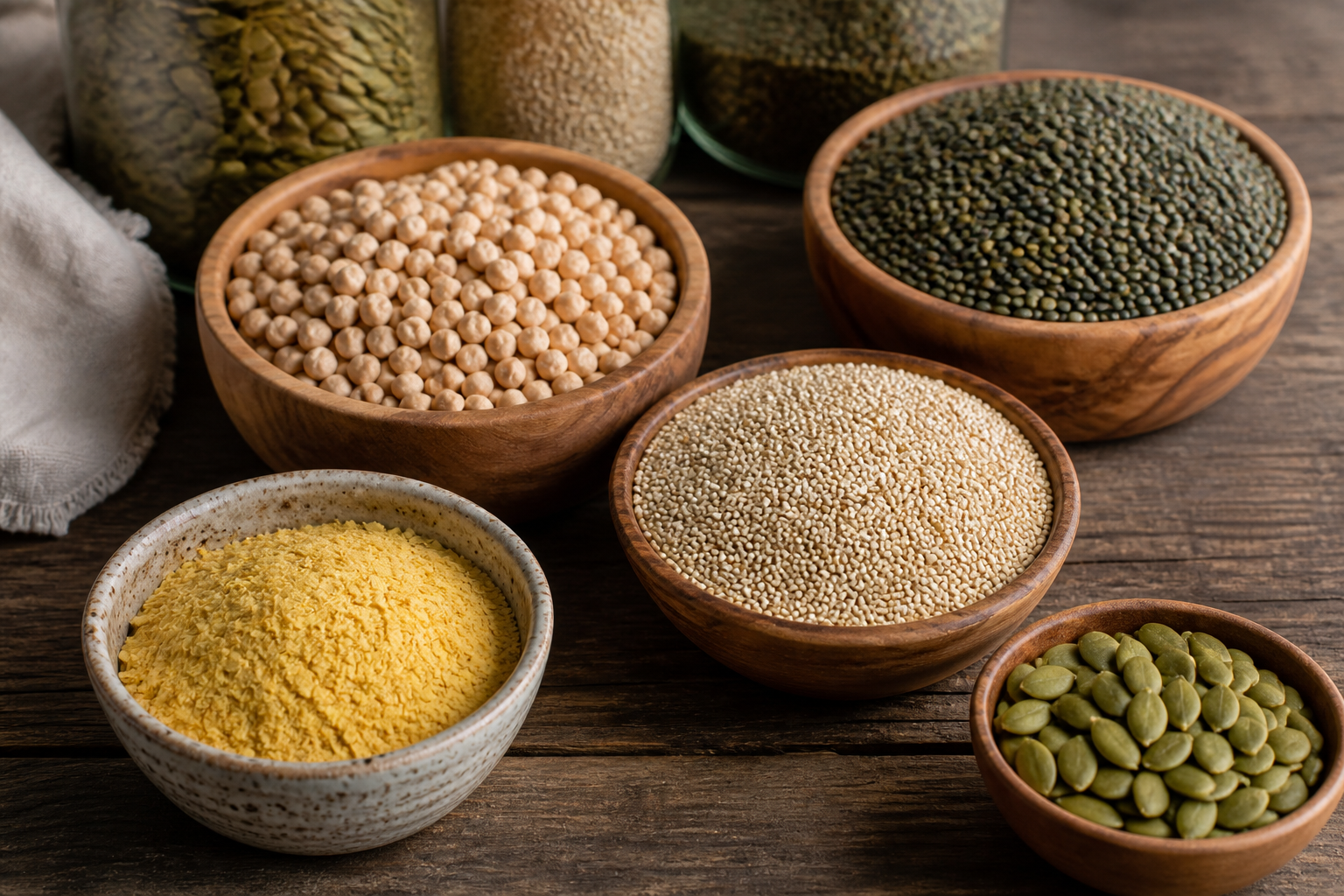 Shelf-stable plant-based protein foods including dried lentils, chickpeas, quinoa, pumpkin seeds, and nutritional yeast arranged on a wooden surface