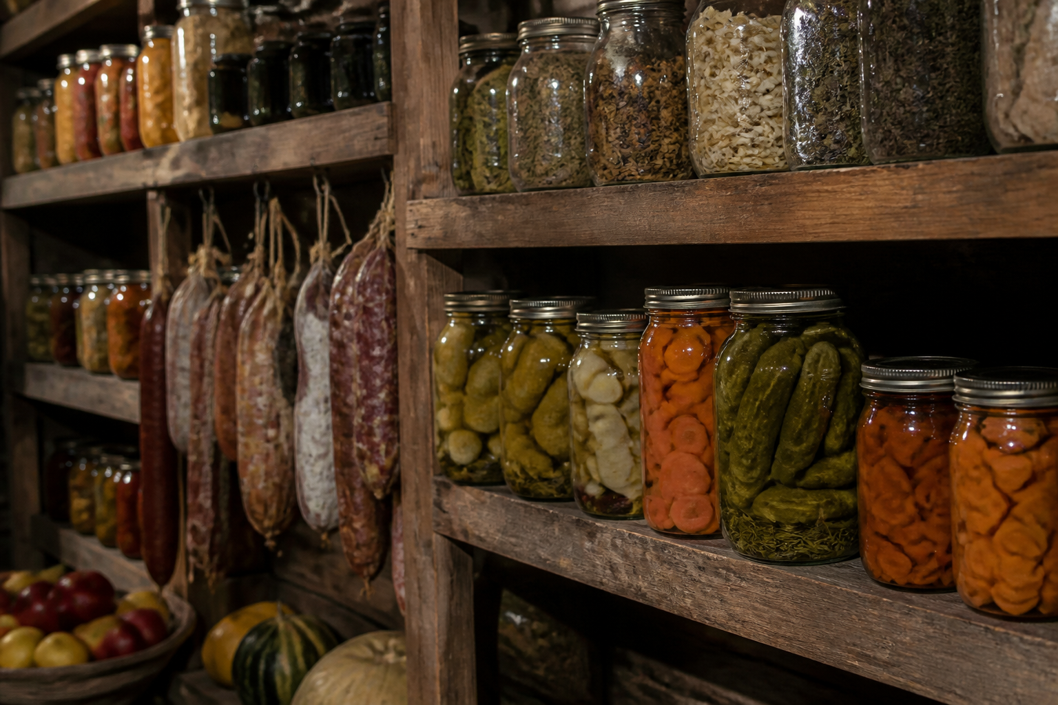 Mason jars of preserved vegetables, salt-cured meats, and dried herbs arranged on a wooden farmhouse shelf in a rustic root cellar