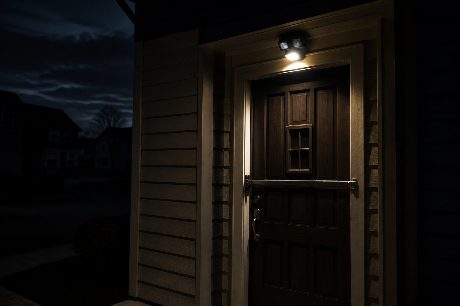 A residential front door with a security bar jammer and battery-powered motion sensor light mounted above, set against a dark neighborhood during a power outage