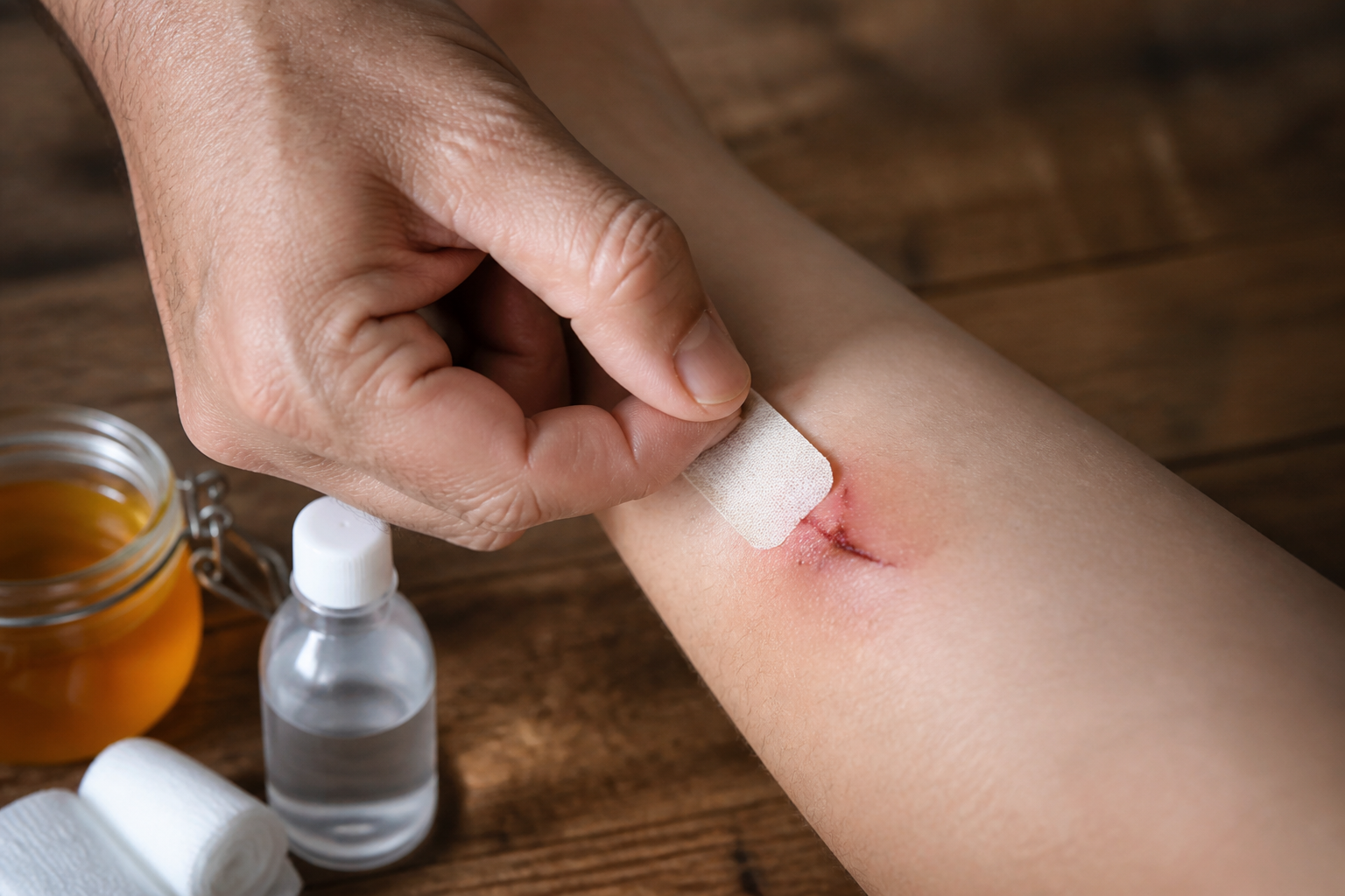 Close-up of a hand applying a clean bandage to a wound on a forearm, with honey, saline solution, and gauze on a wooden surface nearby