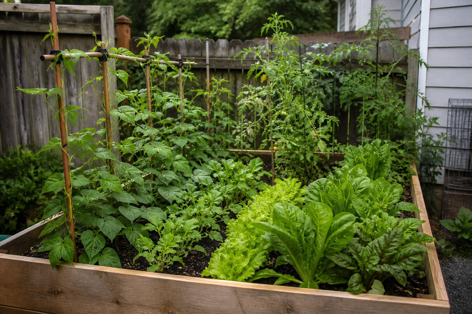 Productive raised bed vegetable garden in a small backyard, showing rows of leafy greens, bean trellises, and tomato plants in a compact 10-by-10 plot