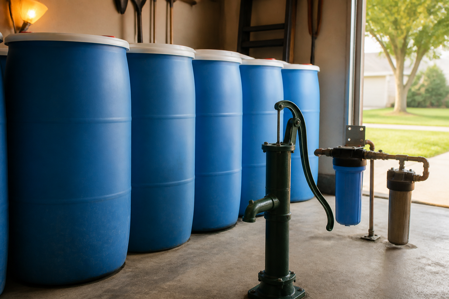Large food-grade water storage drums lined up in a residential garage next to a manual water pump and filtration equipment for emergency preparedness