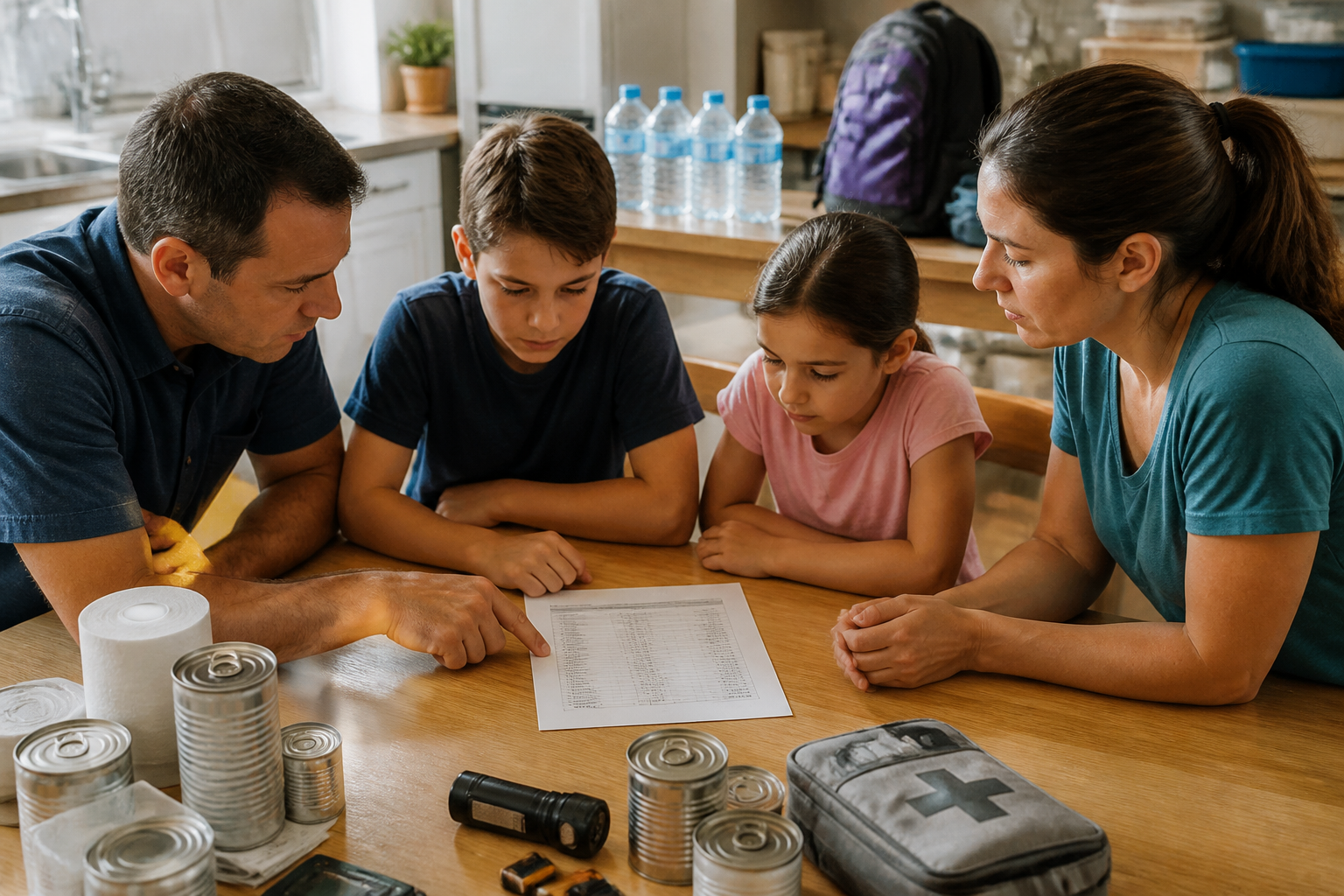 A family sitting around a kitchen table reviewing a printed emergency preparedness checklist with water jugs and a go-bag visible in the background
