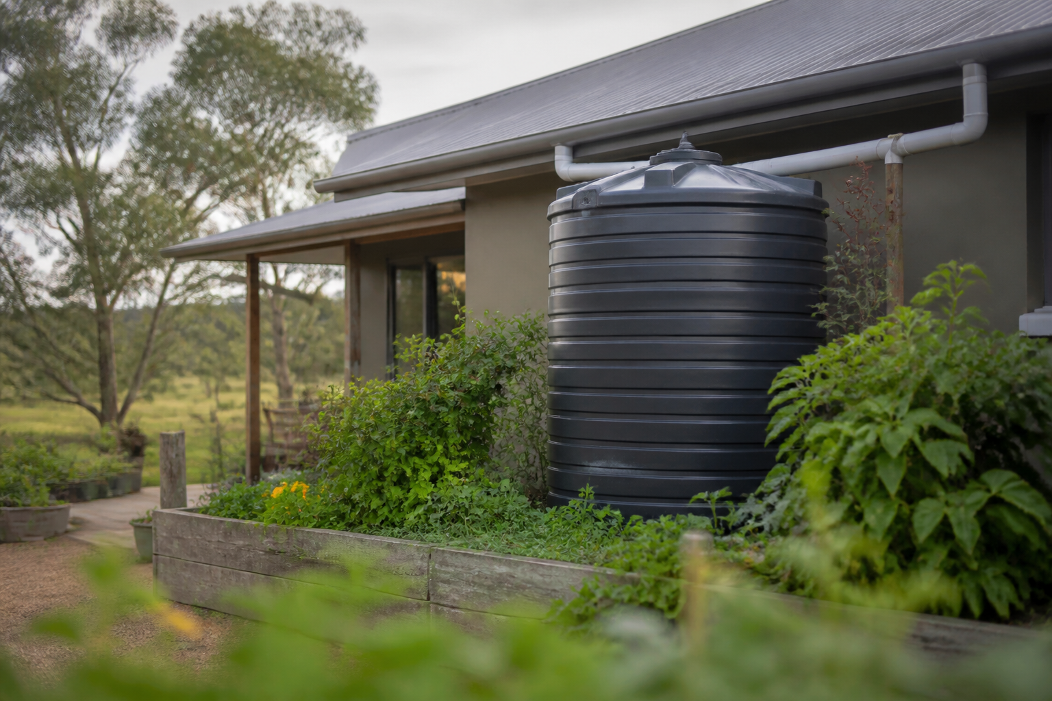 Residential rainwater harvesting setup with a large storage tank connected to roof gutters, surrounded by garden beds on a rural homestead