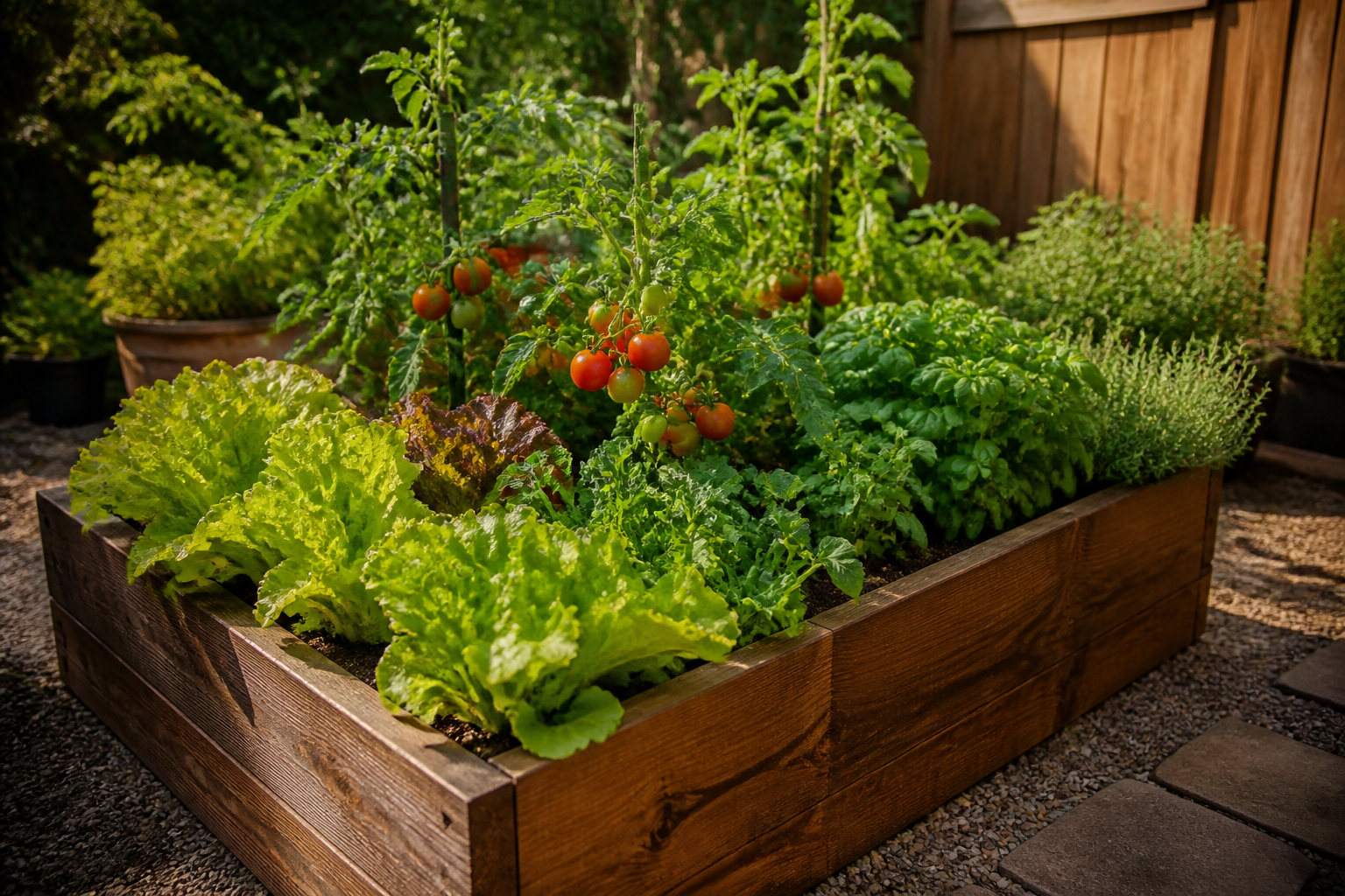 A compact raised garden bed filled with lettuce, tomatoes, and herbs growing in a small backyard space