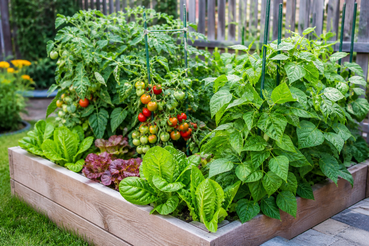 Raised garden bed densely planted with tomatoes, salad greens, and bush beans in a small backyard, showing high-yield small-footprint food production