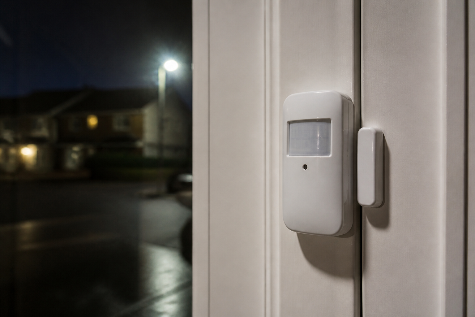 Battery-powered motion sensor and door alarm mounted at a residential entry point, with a dark neighborhood visible through the window behind it