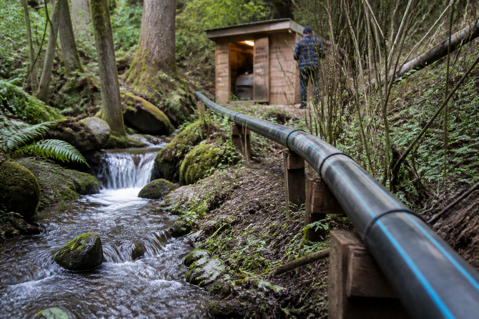 A small stream-fed micro-hydro pipe running through a forested off-grid homestead, with a hand-built generator shed in the background