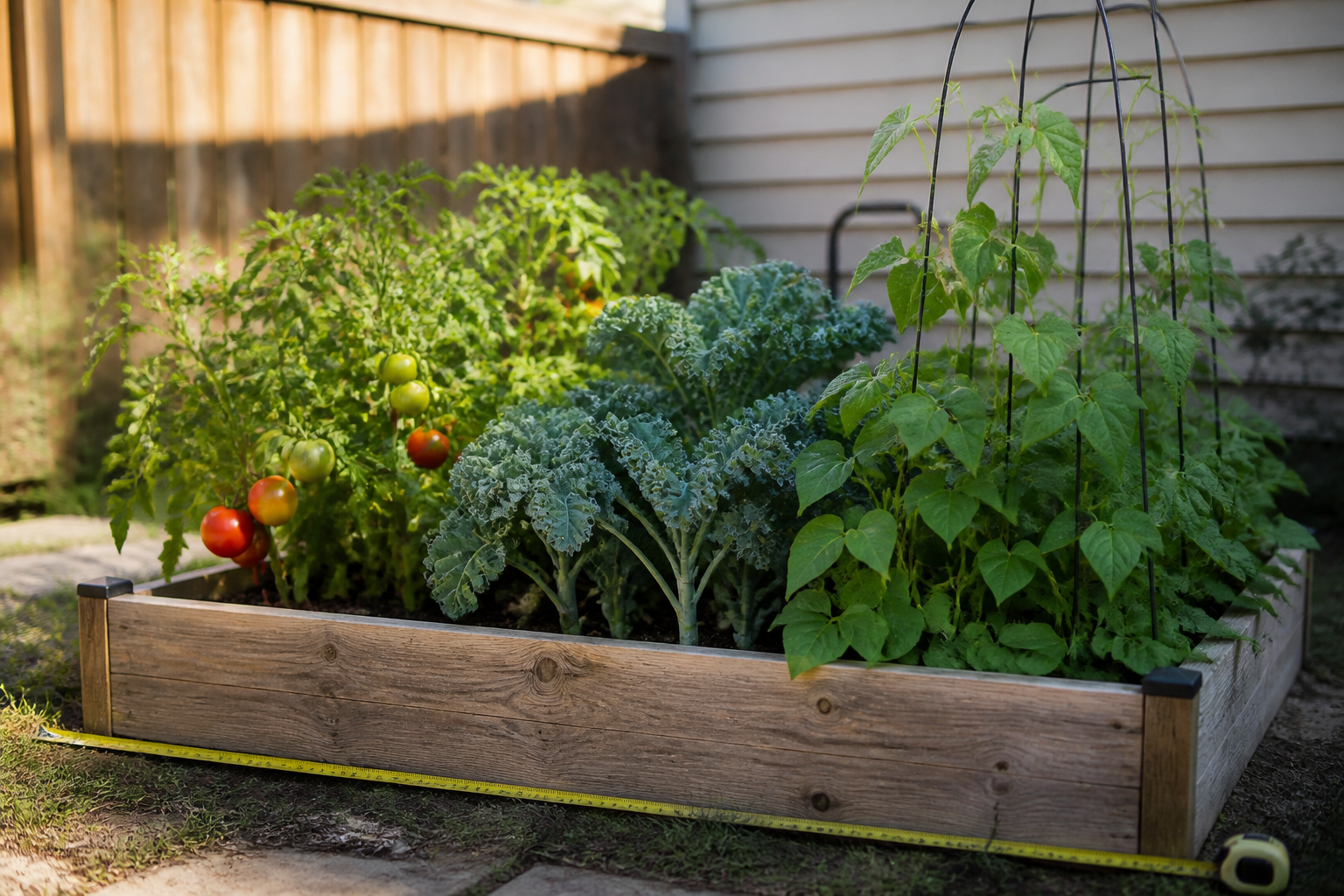 Compact raised bed vegetable garden in a small backyard, showing tomatoes, kale, and beans growing in dense rows with a measuring tape indicating a modest footprint
