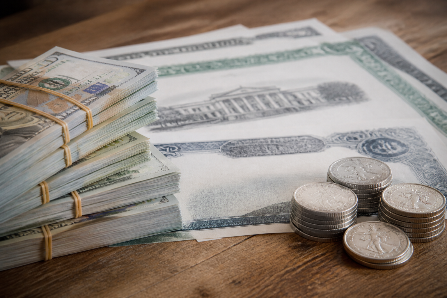 A layered emergency fund setup showing cash, Treasury bond documents, and silver coins on a wood table — representing a tiered inflation-proof reserve strategy