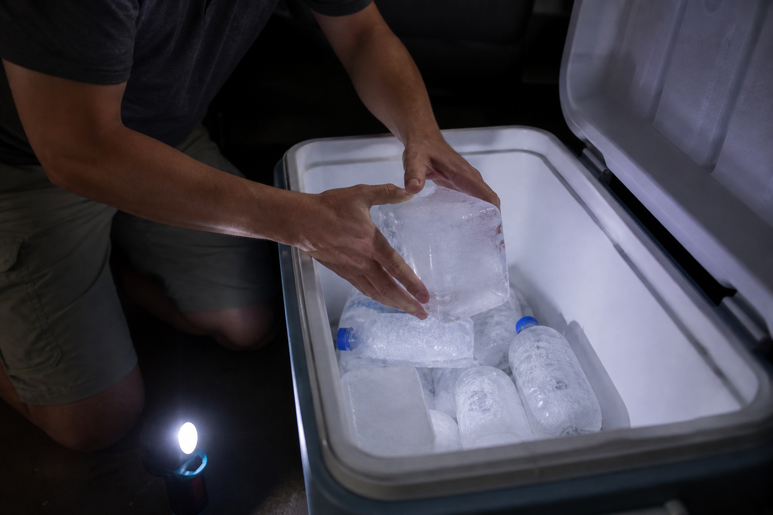 A person carefully packing block ice and frozen water bottles into a large insulated cooler during a home power outage, with a flashlight nearby