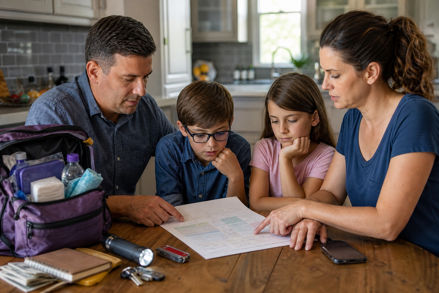 Family sitting at a kitchen table reviewing a printed emergency plan with a go-bag open beside them