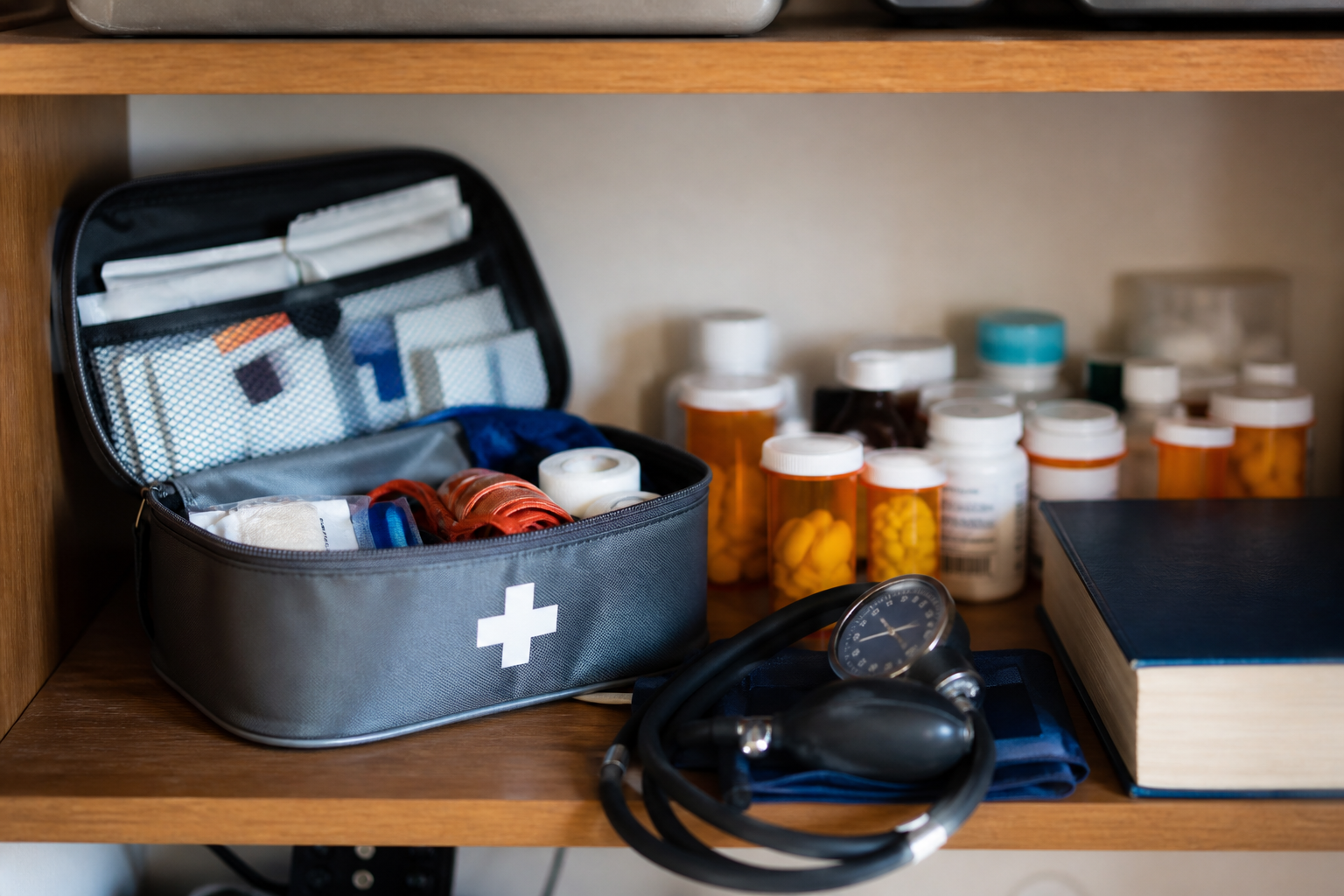 A organized home medical kit on a wooden shelf alongside bottles of prescription medication, a blood pressure cuff, and a medical reference book