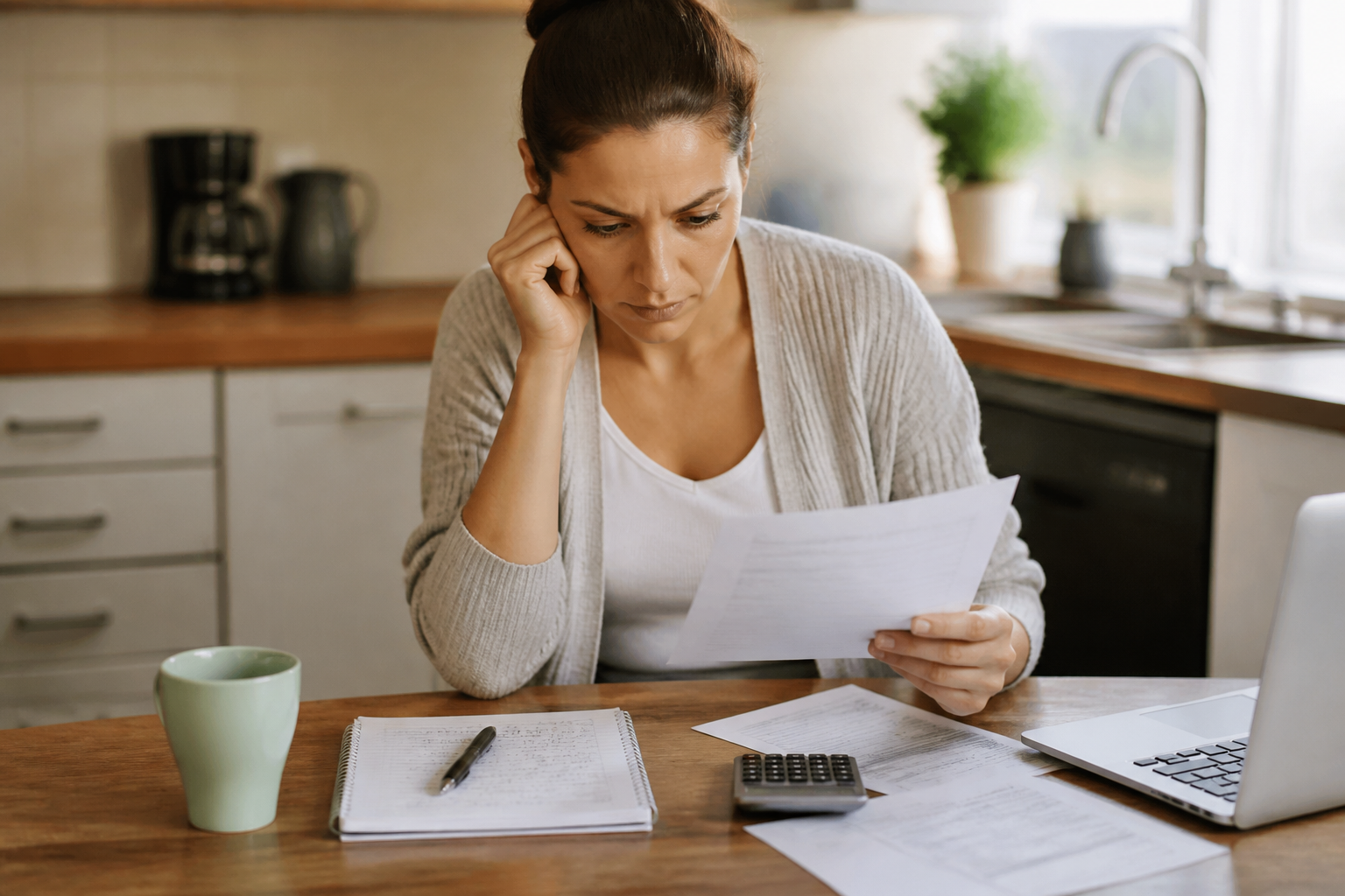 A person reviewing financial documents and a notebook with handwritten budget figures at a kitchen table, representing practical debt negotiation during a financial crisis