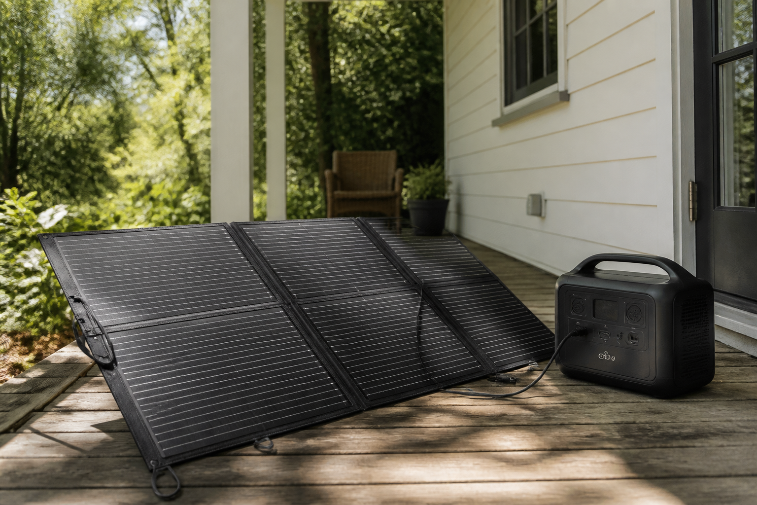 Portable solar panels charging a power station on a sunny porch beside a house during a power outage