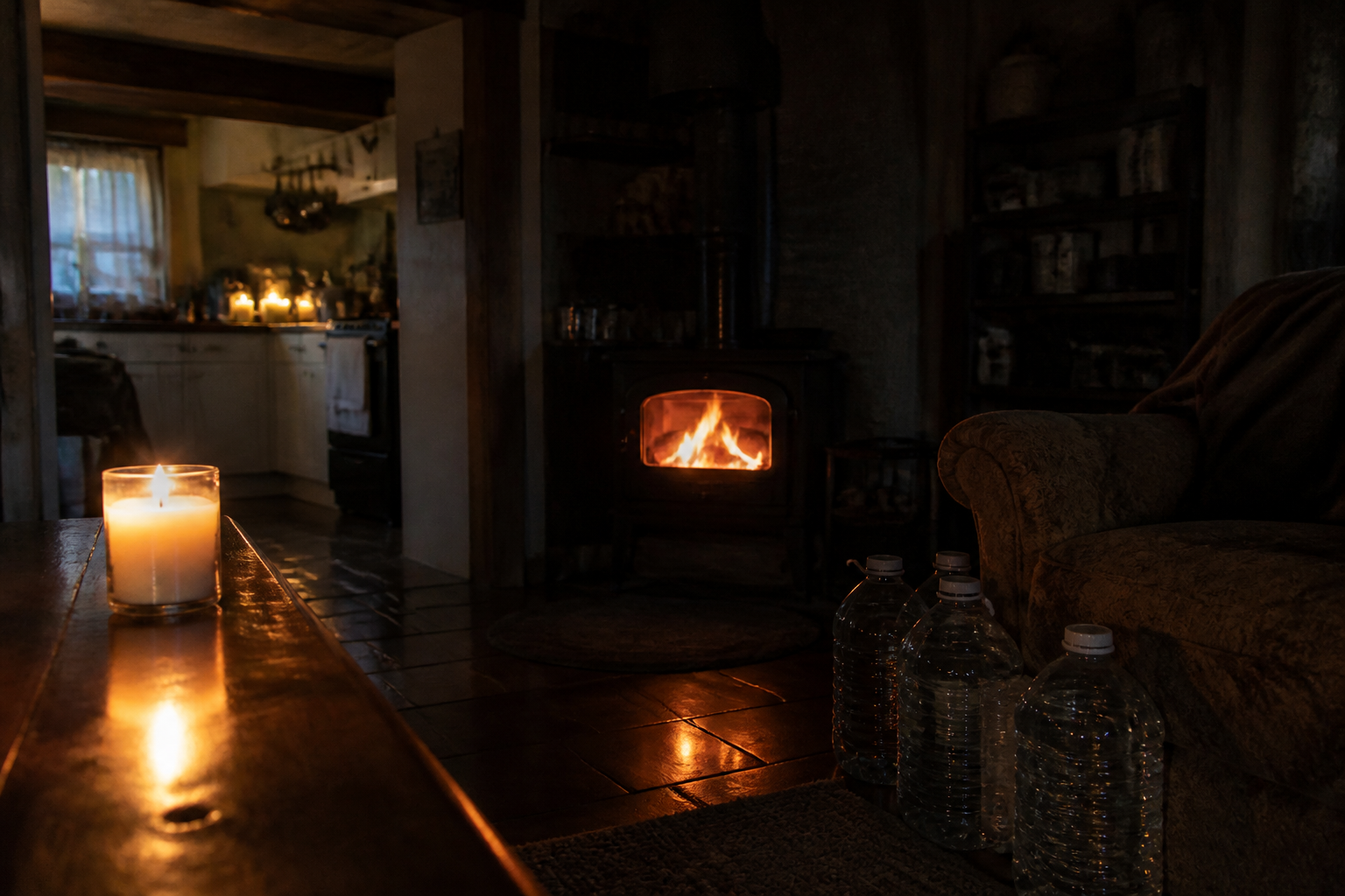 Interior of a dimly lit home during a power outage with candles, stored water jugs, and a wood-burning stove providing warmth