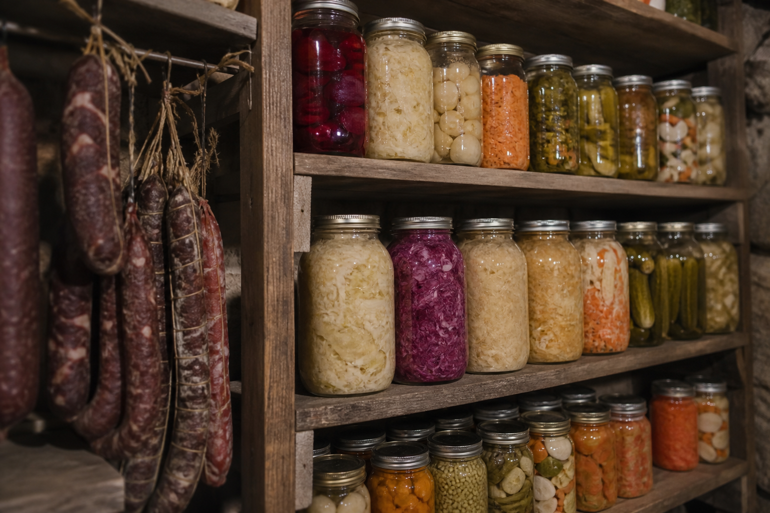 Mason jars of lacto-fermented vegetables and salt-cured meats arranged on wooden shelves in a root cellar