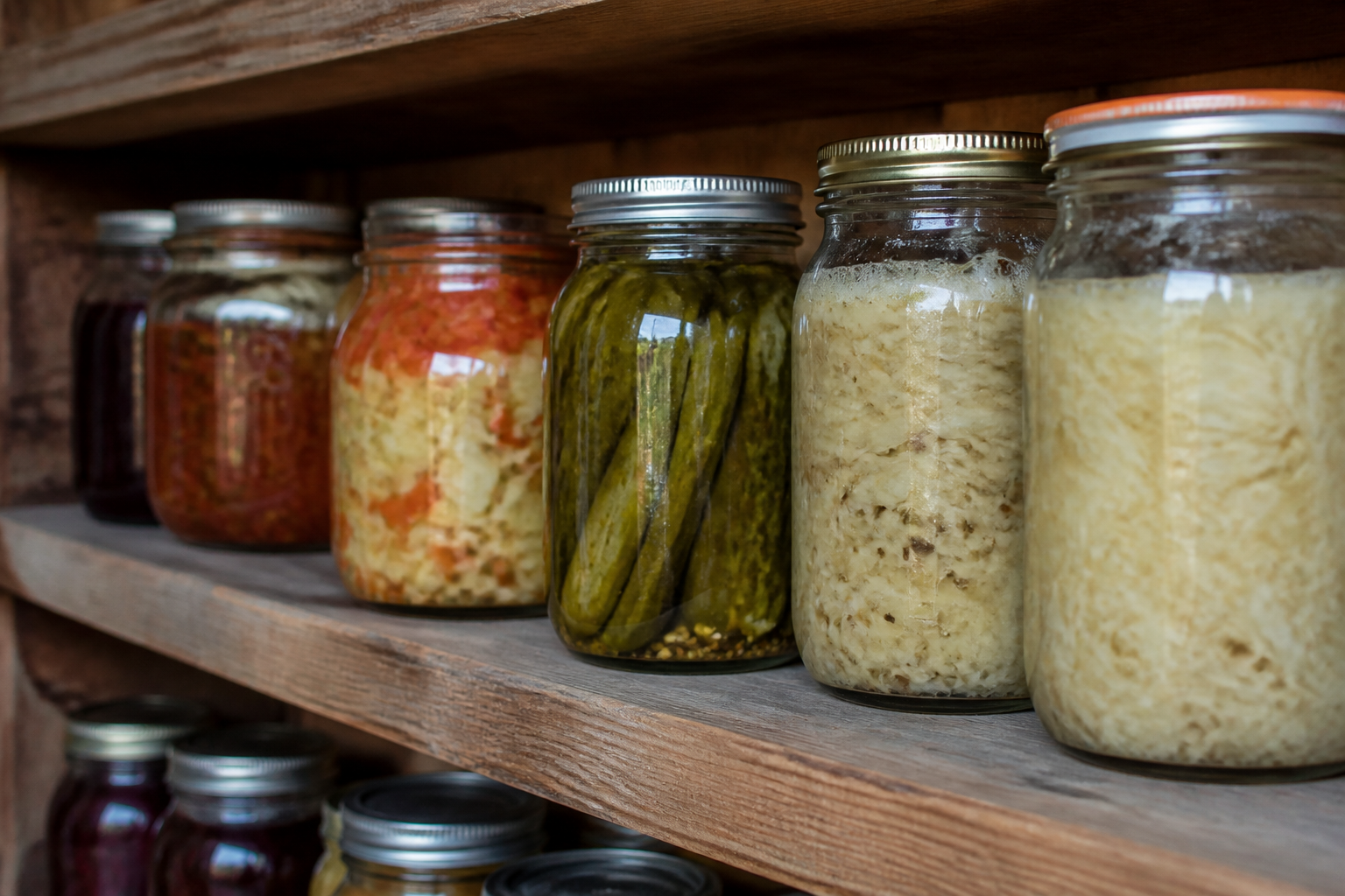 Glass jars of home-canned vegetables and fermented foods lined up on a wooden pantry shelf, representing off-grid food preservation methods