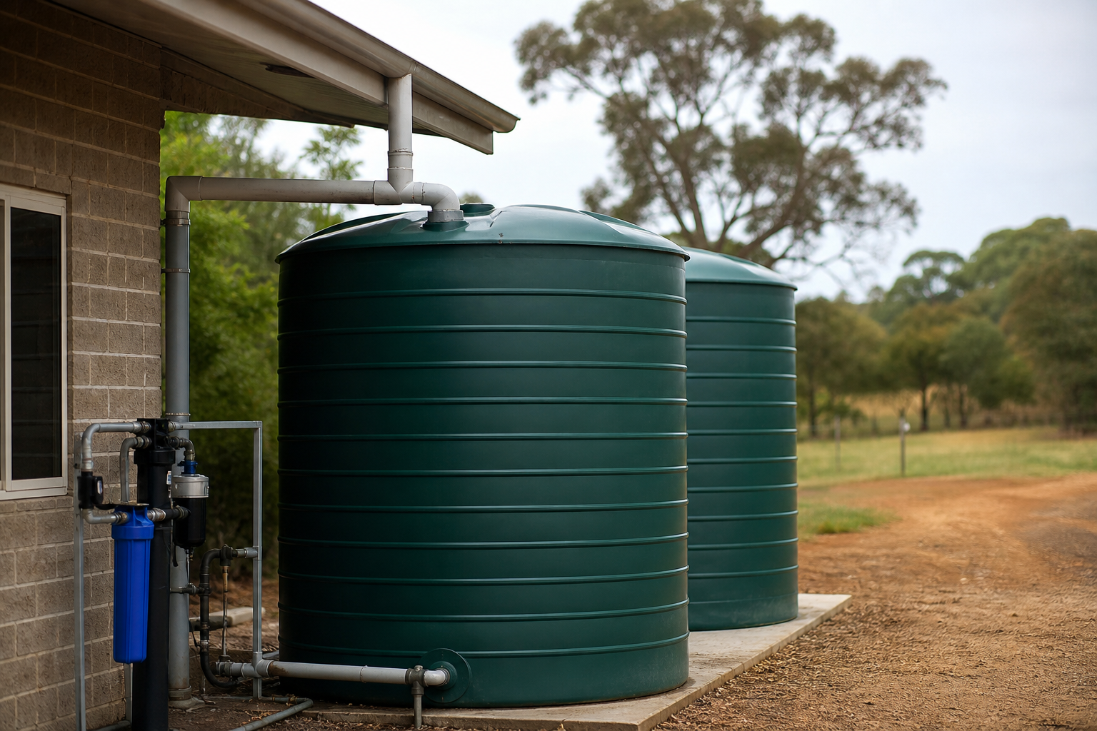 Rooftop rainwater collection system with large storage tanks and filtration equipment on a rural homestead property