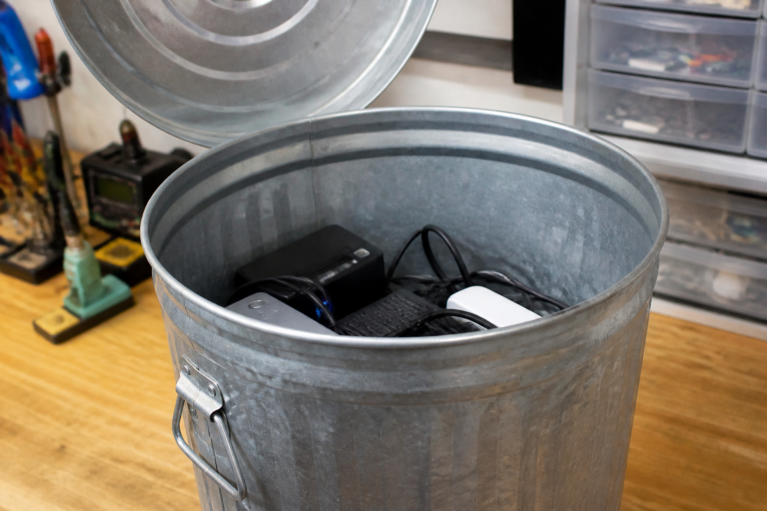 Metal galvanized steel trash can Faraday cage with electronics stored inside, on a workbench in a home workshop