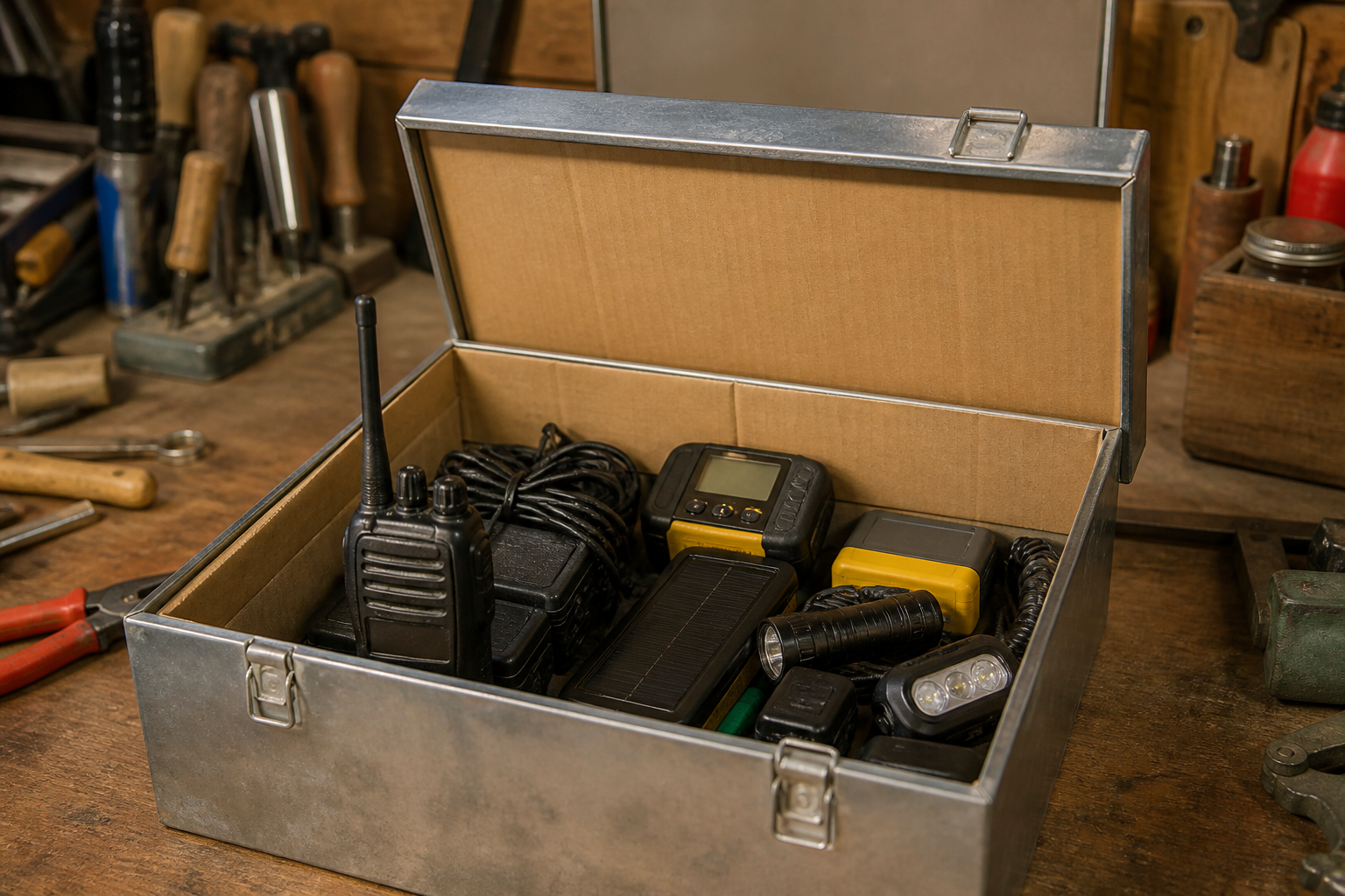 Metal Faraday cage lined with cardboard containing a handheld radio and emergency electronics on a wooden workbench