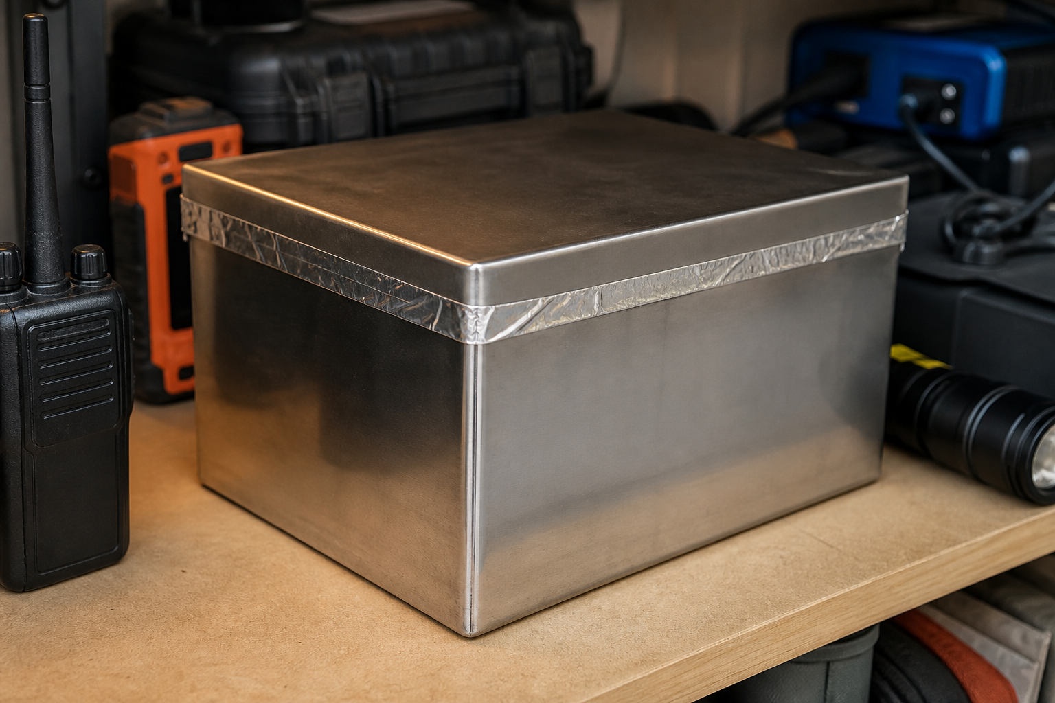 Steel Faraday enclosure with lid sealed by conductive tape, surrounded by stored backup electronics including a handheld radio and battery bank, on a workbench