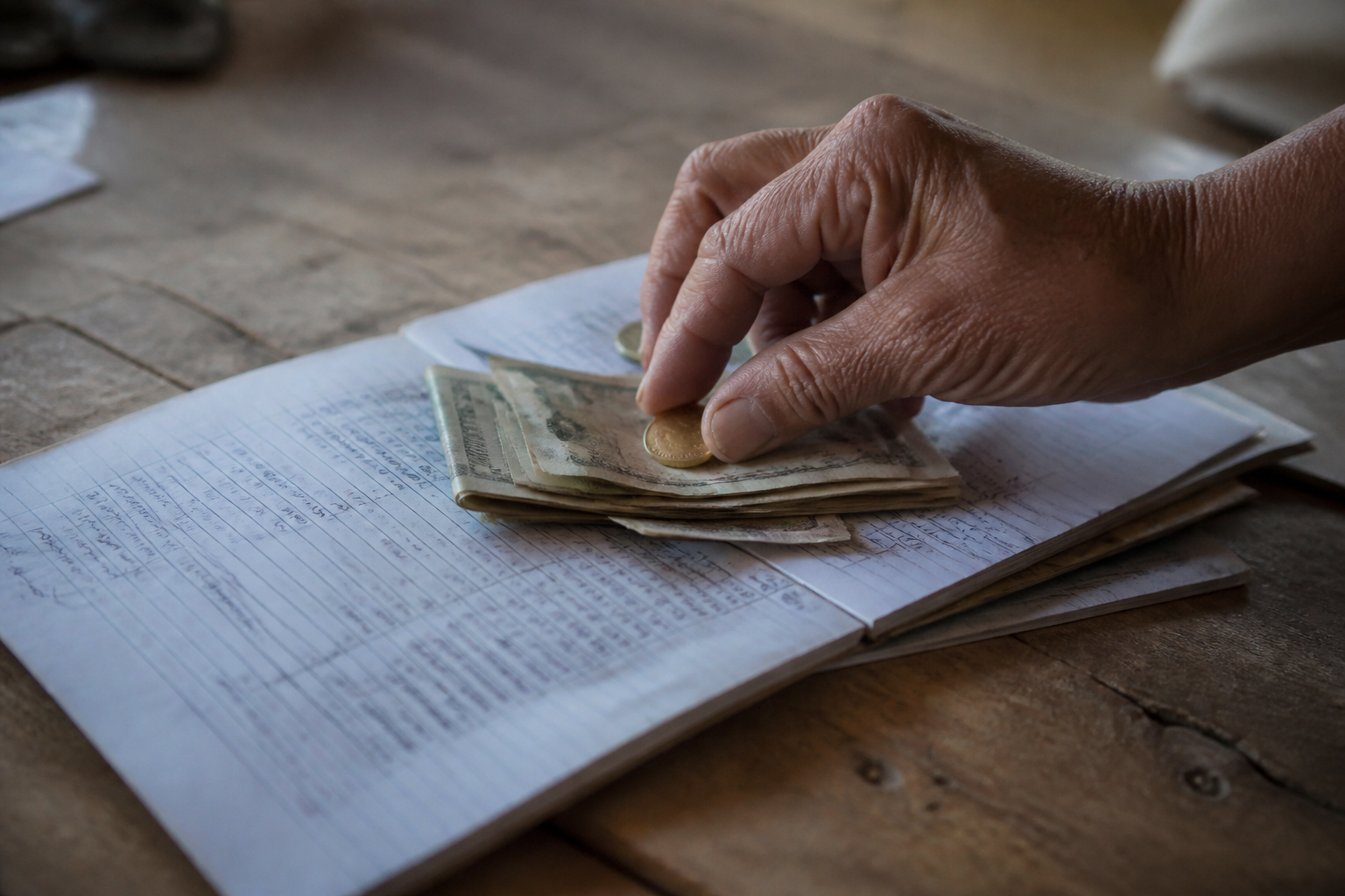 A weathered hand placing a gold coin on top of folded cash and a handwritten household budget ledger on a wooden table