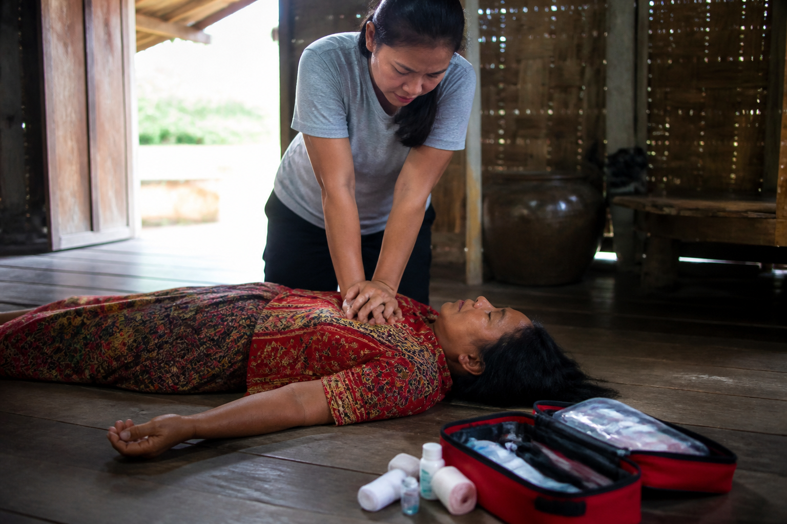 Person performing hands-only CPR on an adult lying on the floor of a rural home, first-aid kit open nearby