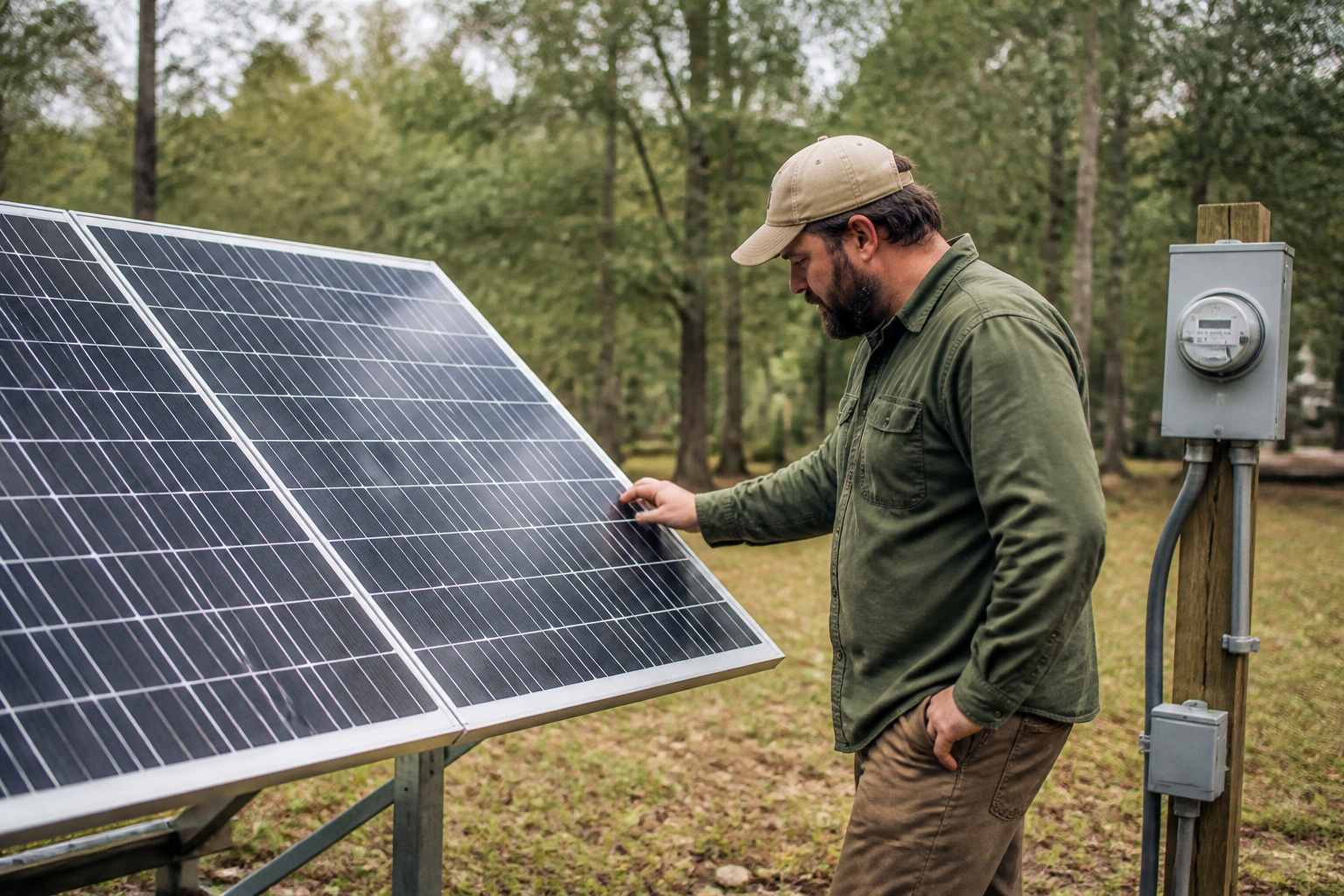 A homesteader checking a DIY solar panel setup on a rural property with a utility meter visible in the background