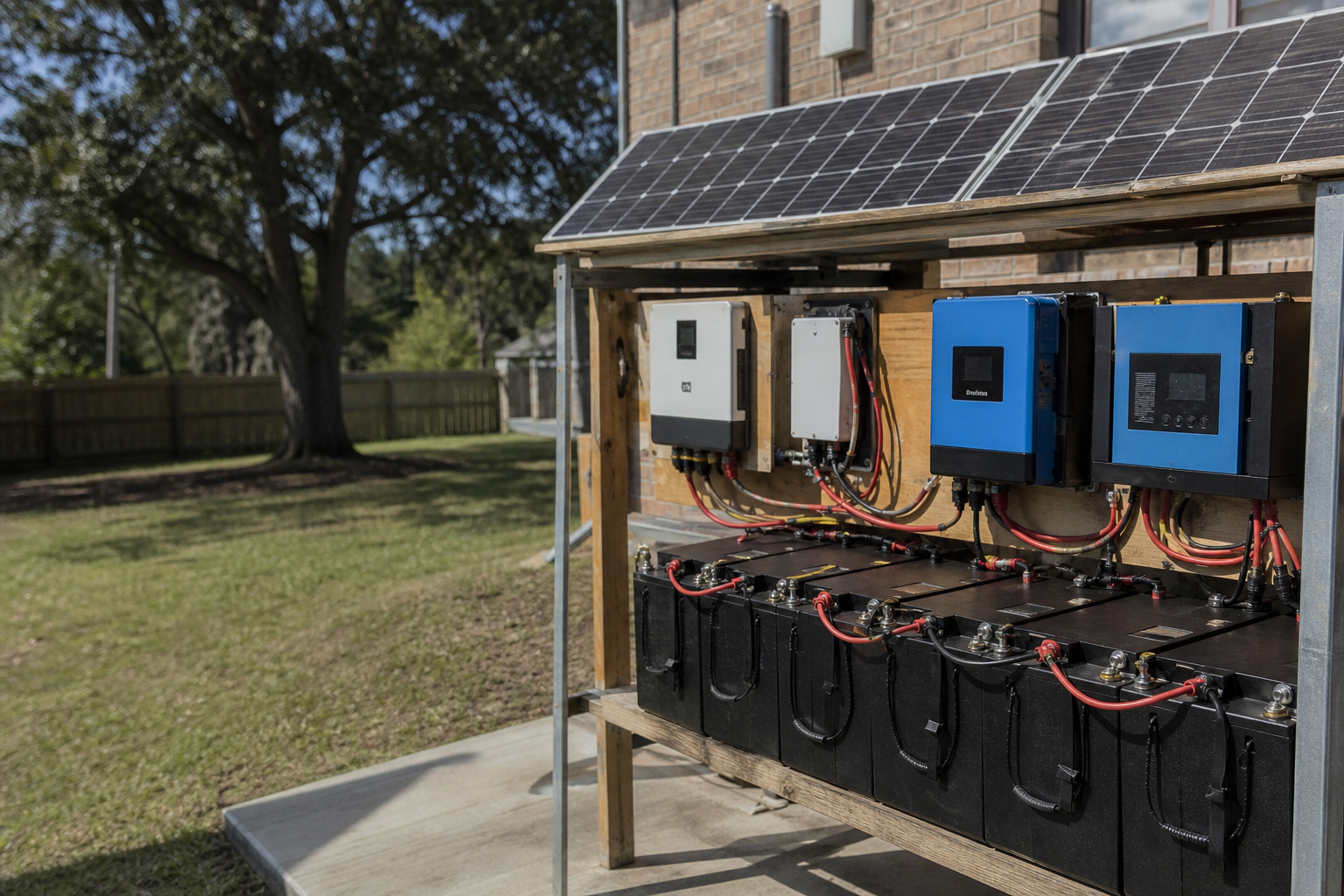 DIY home backup power setup with LiFePO4 battery bank and solar panels on a residential property, showing wiring and charge controller
