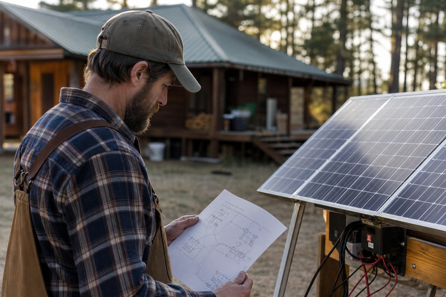 A homesteader reviewing a hand-drawn wiring diagram next to a small solar panel array on a rural property