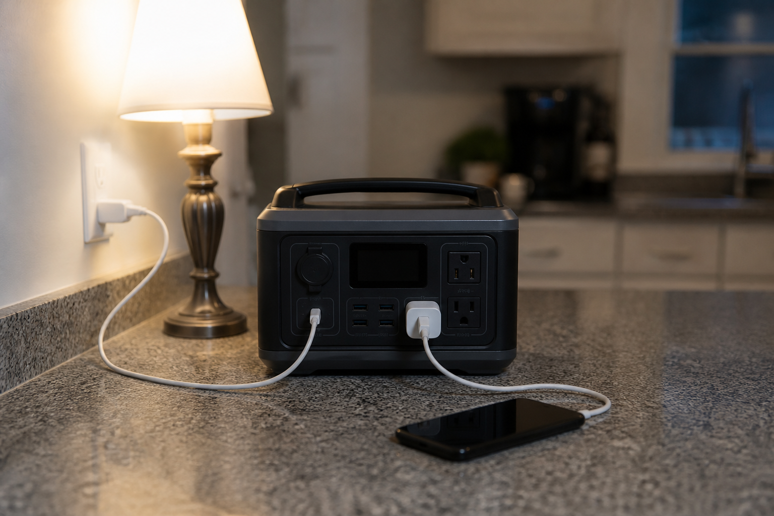A portable lithium battery power station sitting on a kitchen counter next to a plugged-in lamp and phone charger, representing home battery backup without solar panels