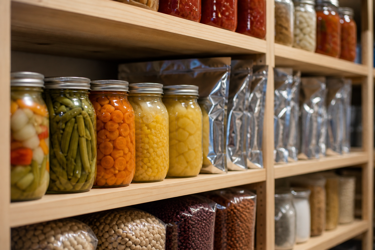 Mason jars of preserved vegetables, sealed Mylar bags, and dried beans arranged on wooden pantry shelves — a practical no-refrigeration food storage setup