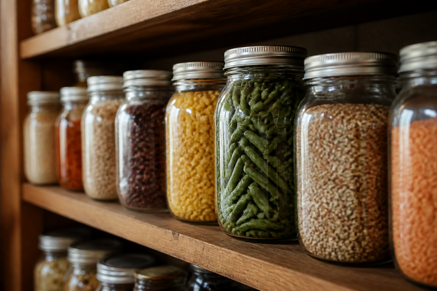 Mason jars of preserved vegetables, dried beans, and grains on a wooden pantry shelf with no refrigeration — budget food storage setup