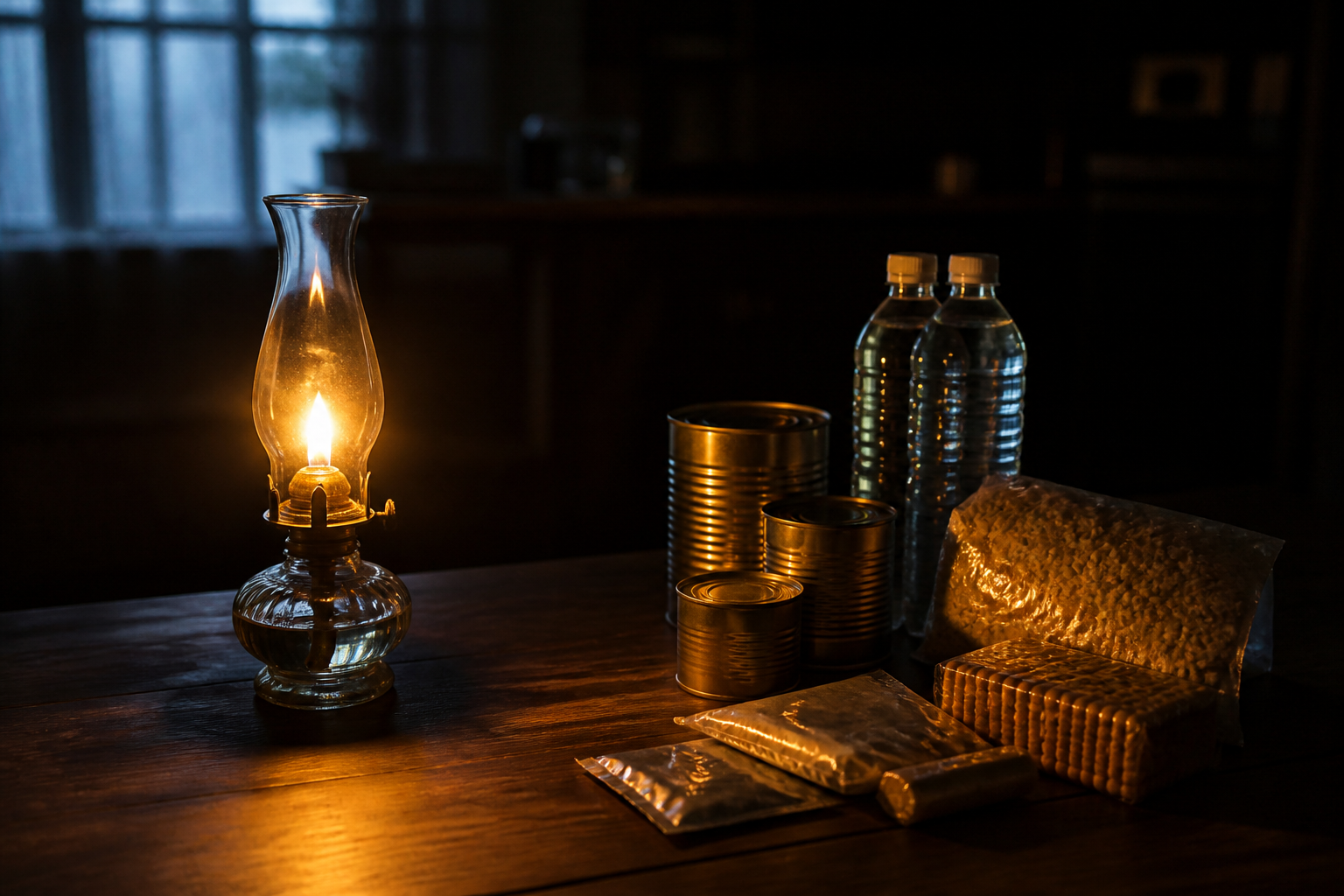 A lit oil lamp and emergency food supplies on a wooden table inside a dark home during a power outage
