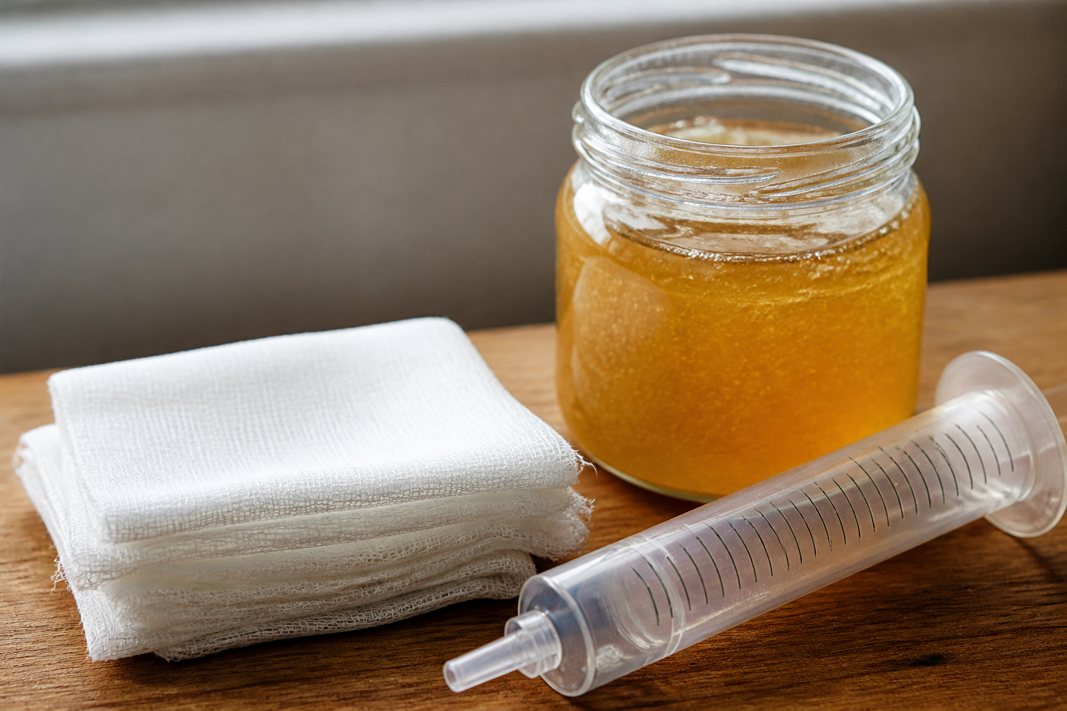 Clean gauze dressing, raw honey jar, and irrigation syringe laid out on a wooden surface for home wound care
