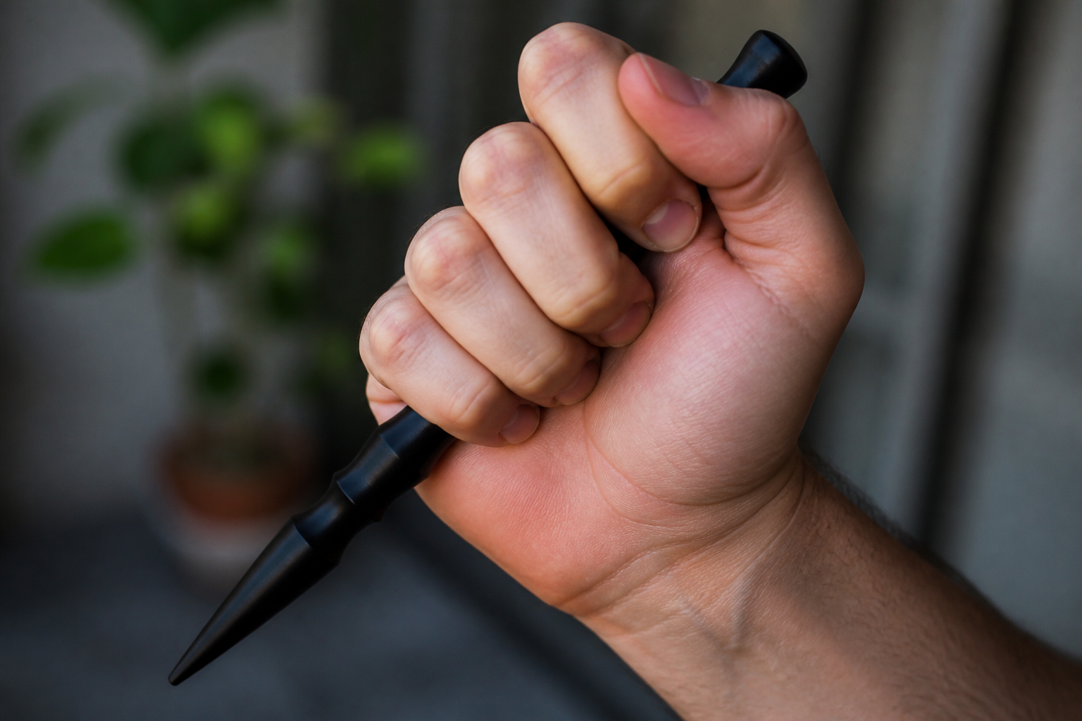 Close-up of a hand gripping a black palm stick kubotan in a defensive ready position