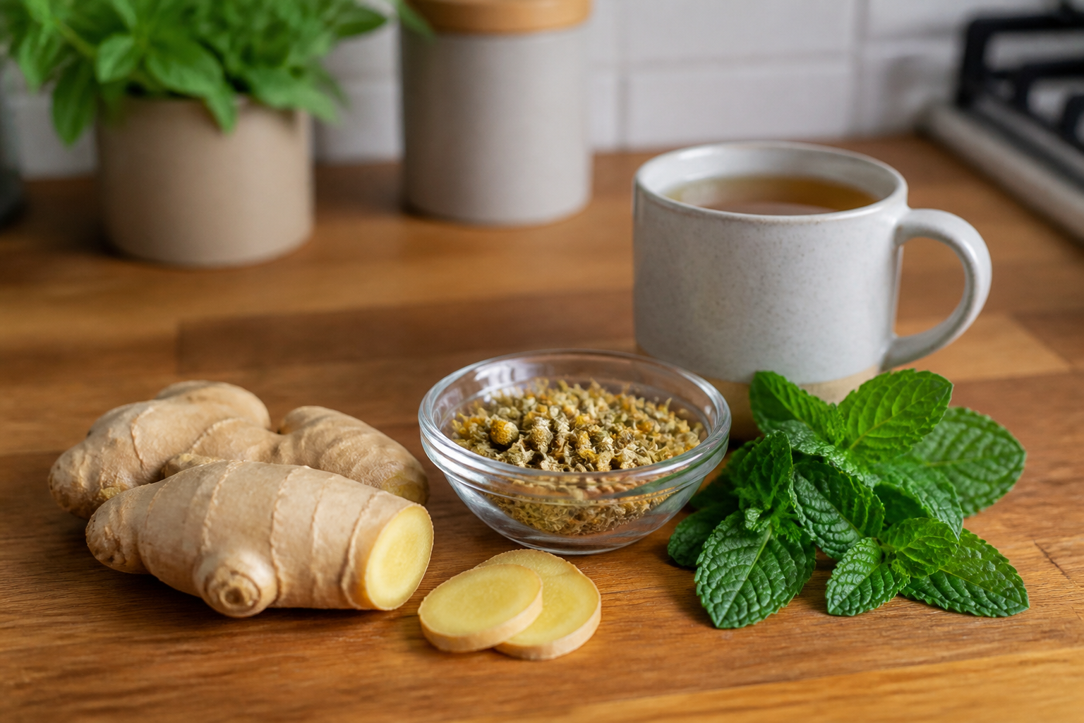Fresh ginger root, chamomile tea, and peppermint leaves arranged on a wooden kitchen counter alongside a mug of herbal tea