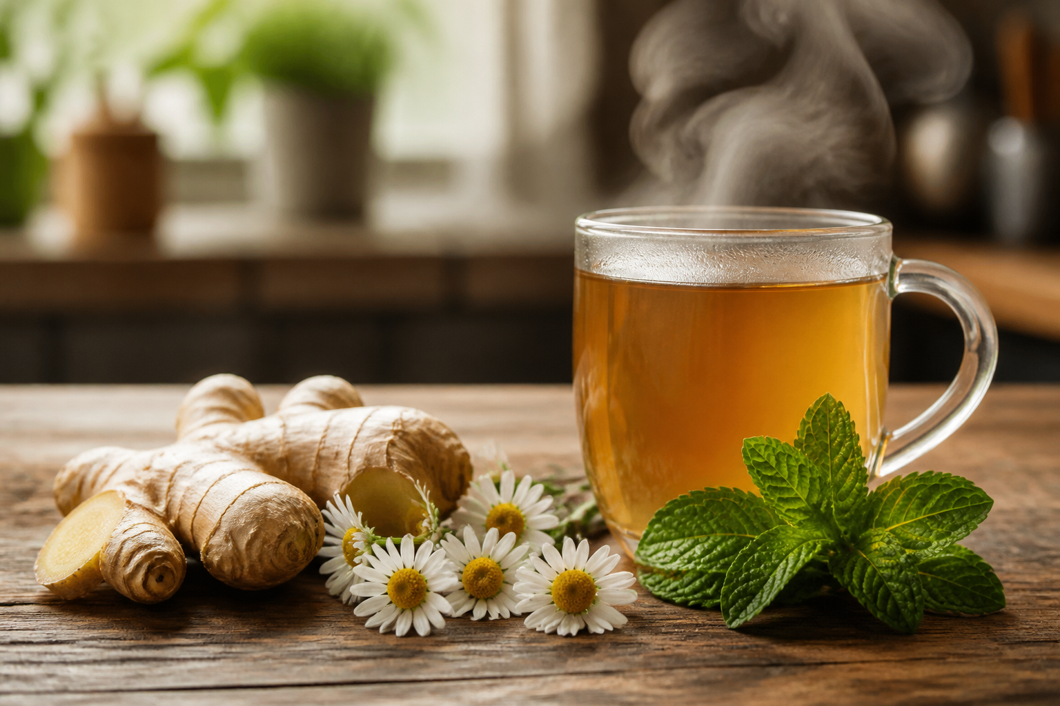 Fresh ginger root, chamomile flowers, and peppermint leaves arranged on a wooden kitchen surface beside a steaming mug of herbal tea
