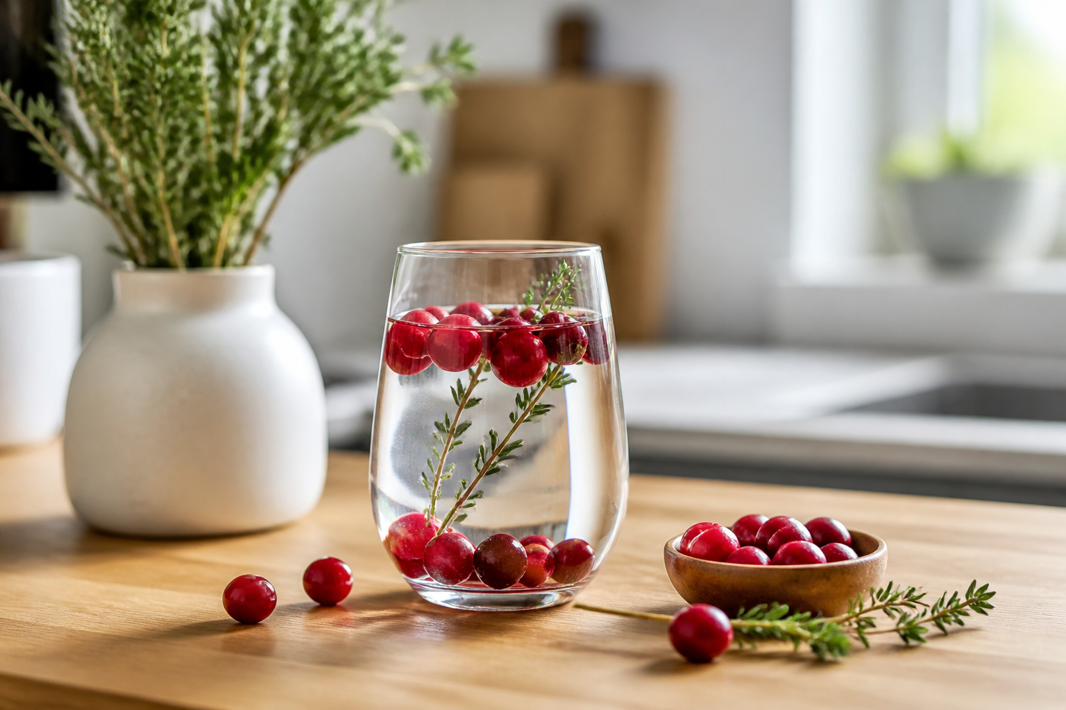 Glass of water with fresh cranberries and a sprig of herbs on a wooden kitchen counter, representing natural home remedies for urinary tract infections