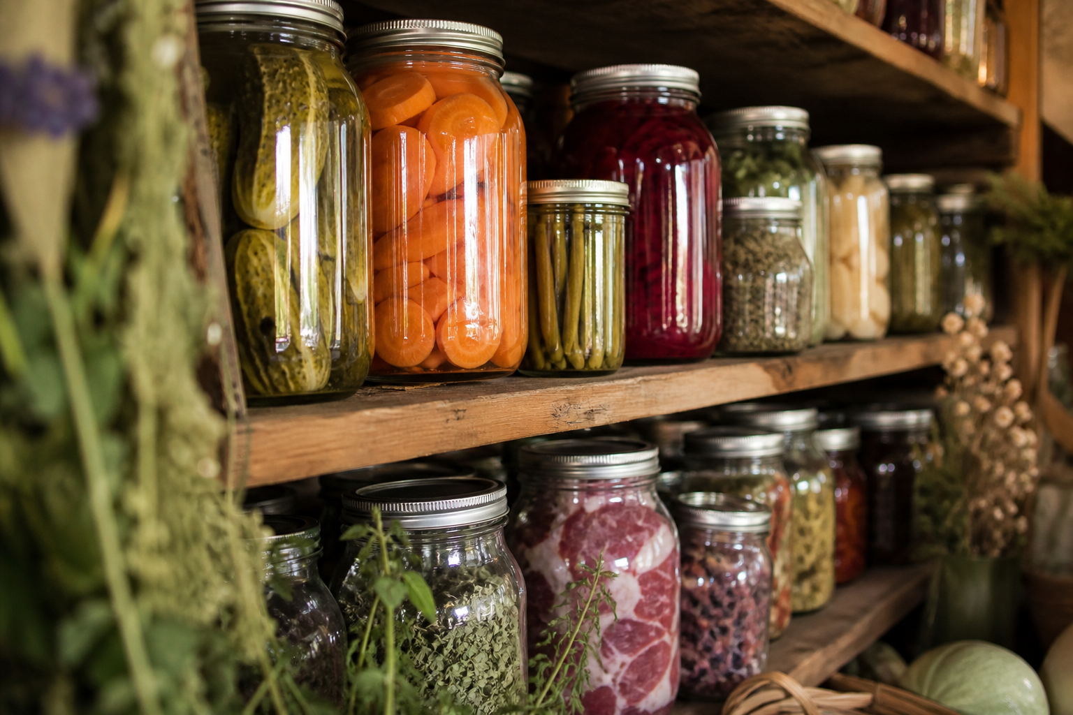 Glass mason jars filled with home-canned vegetables, dried herbs, and salt-cured provisions arranged on wooden pantry shelves in a rustic off-grid homestead kitchen