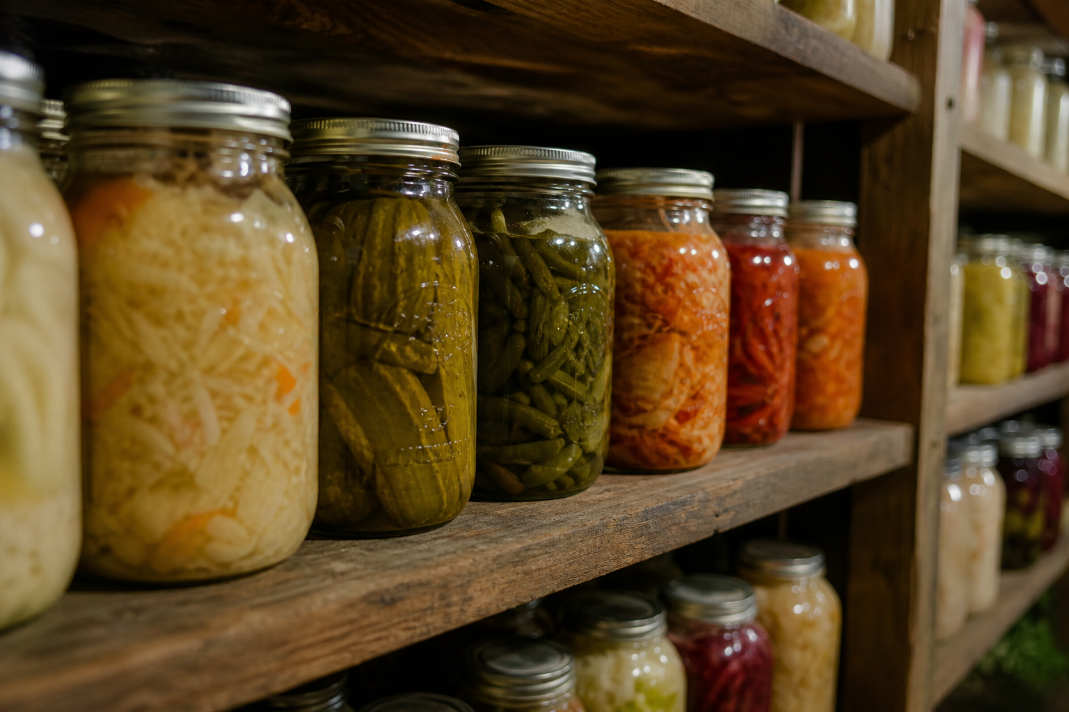Rows of glass jars containing salt-cured vegetables and fermented foods on wooden shelves in a dimly lit root cellar